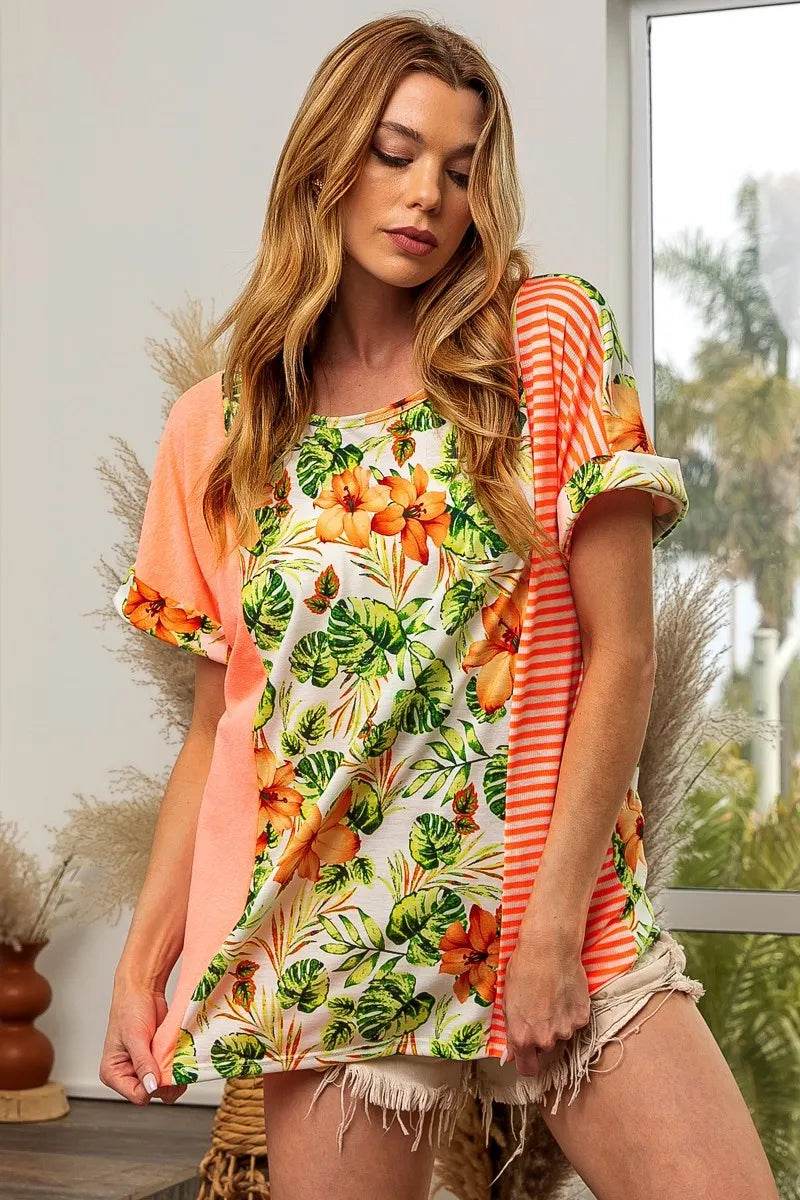 BiBi Floral W Stripe Color Block Dolman Sleeves Top - Shop Style & More | Fresh Looks, Everyday Deals & Free Shipping