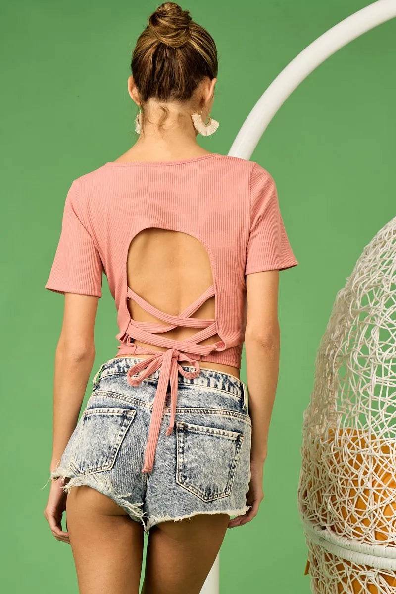 BiBi Rib Knit with Back Cross and Tied Detailed Top - Shop Style & More | Fresh Looks, Everyday Deals & Free Shipping