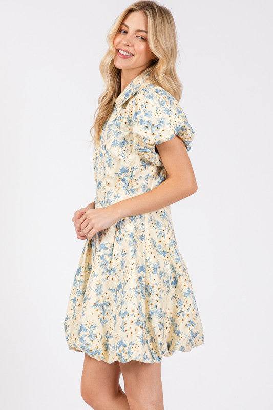 GeeGee Floral Eyelet Zipper Front Puff Sleeve Mini Dress - Shop Style & More | Fresh Looks, Everyday Deals & Free Shipping