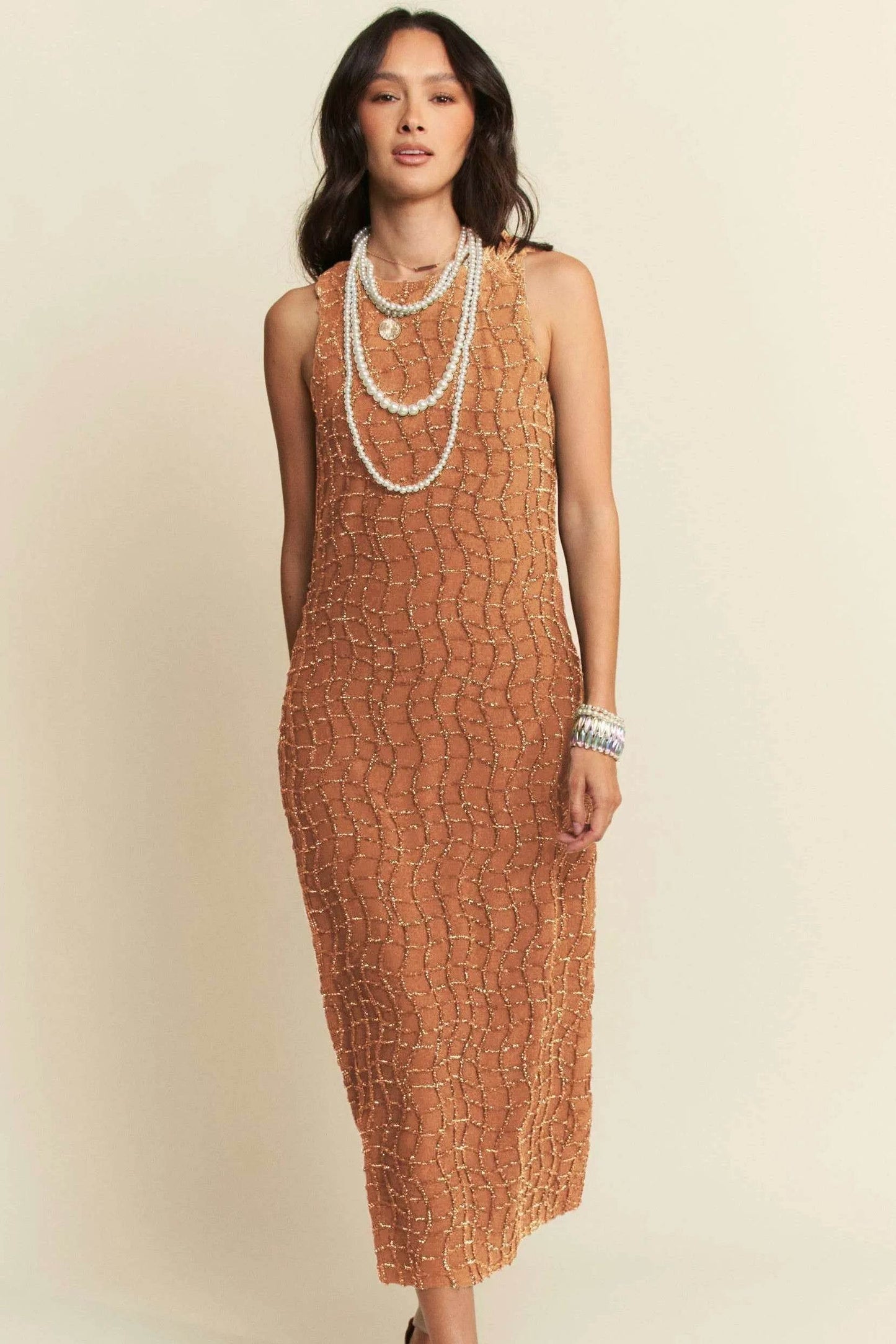 Davi & Dani Golden Textured Zippered Midi Dress - Shop Style & More | Fresh Looks, Everyday Deals & Free Shipping