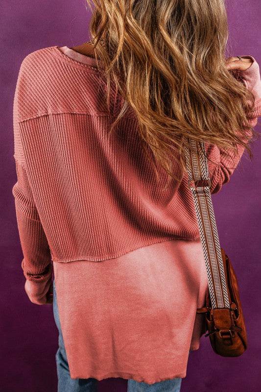 Giselle Exposed Seam Slit Neck Waffle Knit Patchwo - Shop Style & More | Fresh Looks, Everyday Deals & Free Shipping