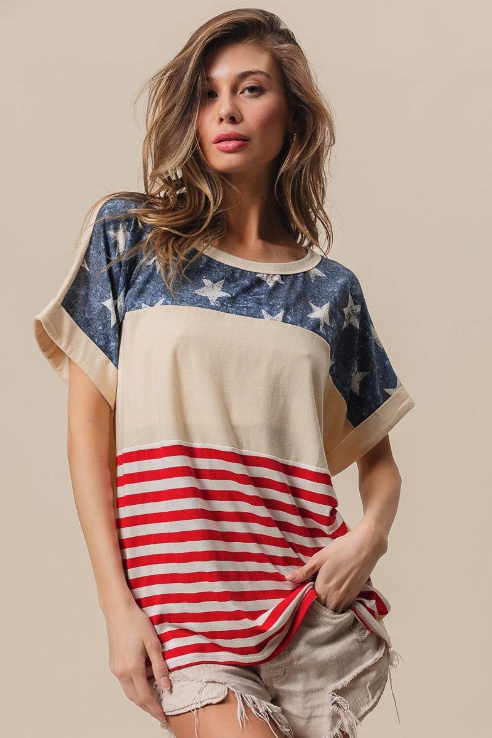 BiBi American Flag Theme Short Sleeve T-Shirt - Shop Style & More | Fresh Looks, Everyday Deals & Free Shipping