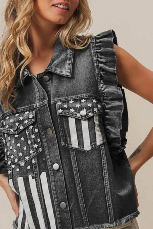 BiBi American Flag Washed Denim Jacket - Shop Style & More | Fresh Looks, Everyday Deals & Free Shipping