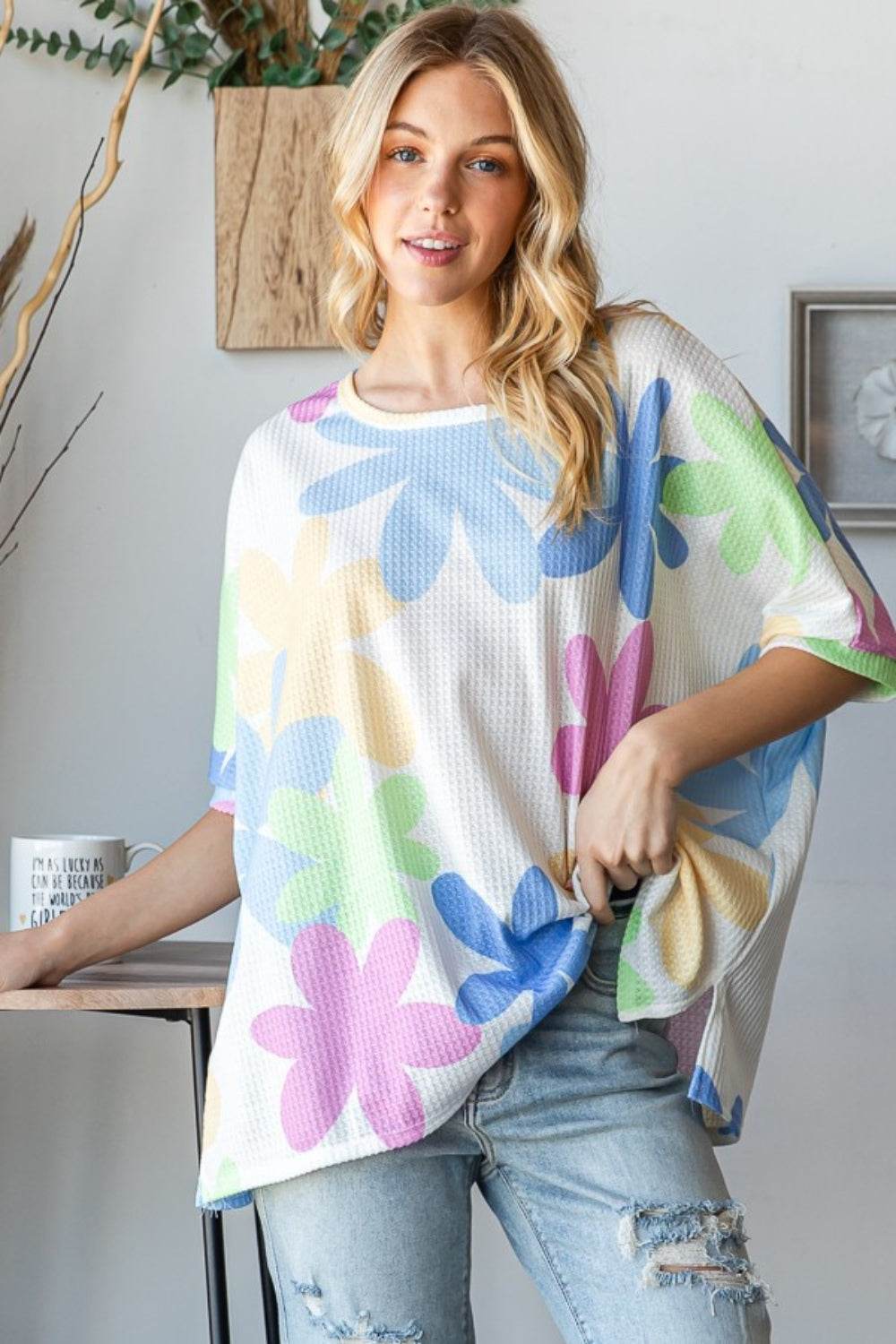HOPELY Floral Round Neck Waffle T-Shirt - Shop Style & More | Fresh Looks, Everyday Deals & Free Shipping