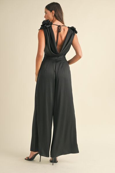 MABLE 3D Floral Applique Deep Cowl Neck Jumpsuit Jumpsuits