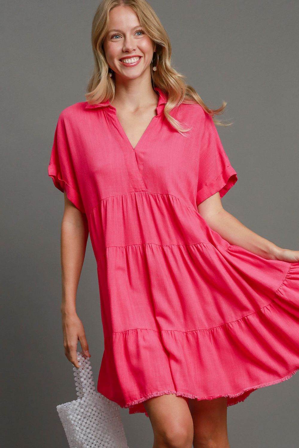 Umgee Full Size Raw Hem Folded Sleeve Tiered Dress Plus Size - Shop Style & More | Fresh Looks, Everyday Deals & Free Shipping