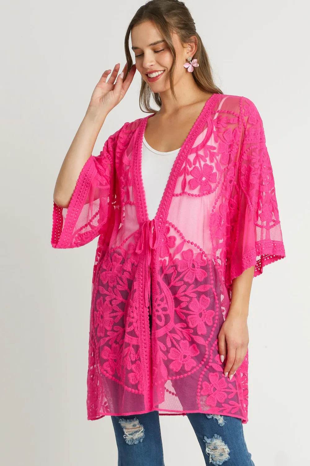 Umgee Full Size Floral Lace Open Front Kimono Sleevee Cover Up with Waist Tie Plus Size - Shop Style & More | Fresh Looks, Everyday Deals & Free Shipping
