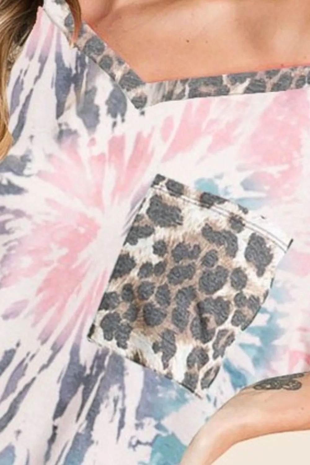 BiBi Tie Dye Print V Neck Top with Front Patch Pocket - Shop Style & More | Fresh Looks, Everyday Deals & Free Shipping