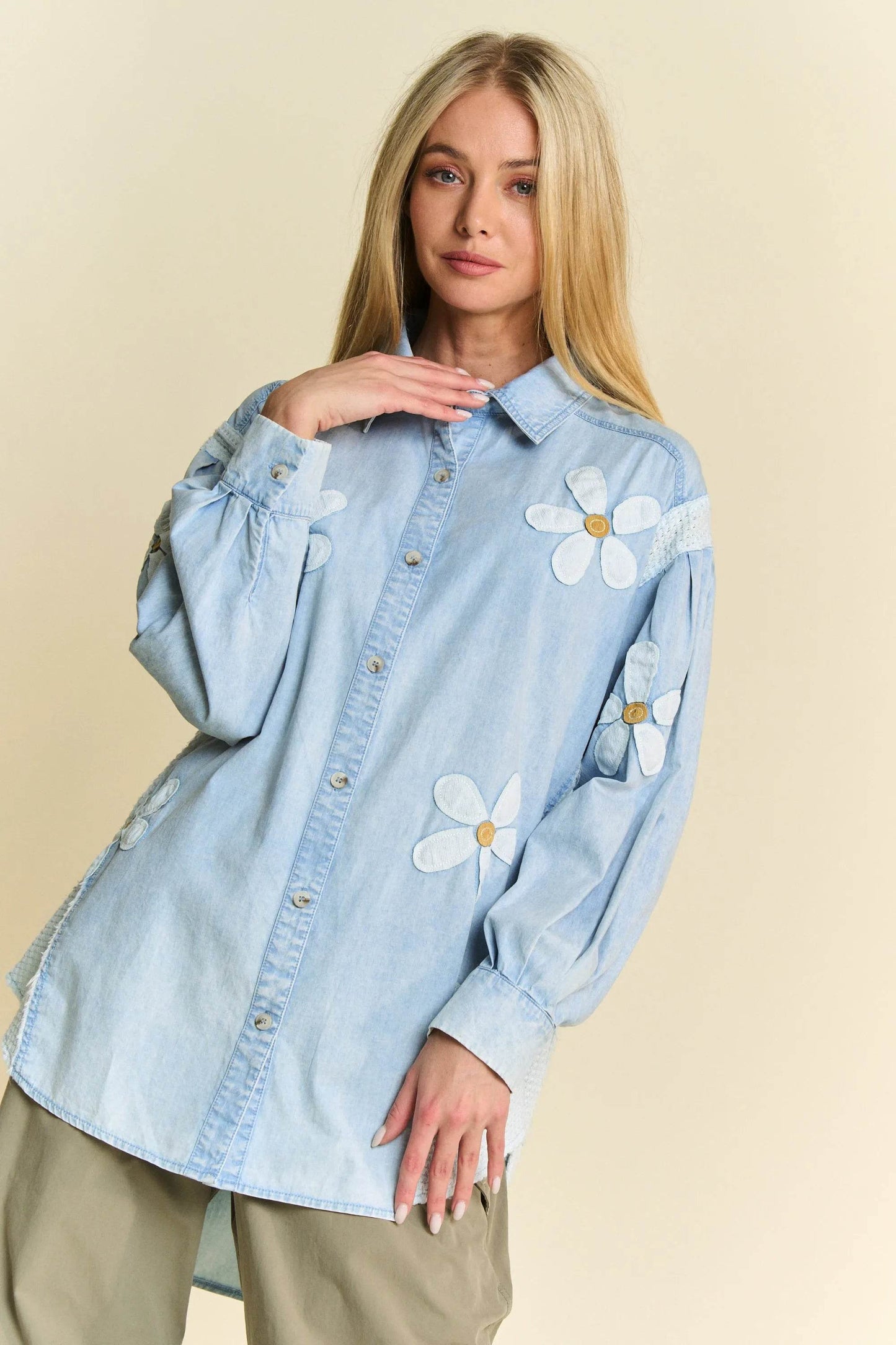 Davi & Dani Lightweight Washed Daisy Patch Waffle Knit Shirt - Shop Style & More | Fresh Looks, Everyday Deals & Free Shipping
