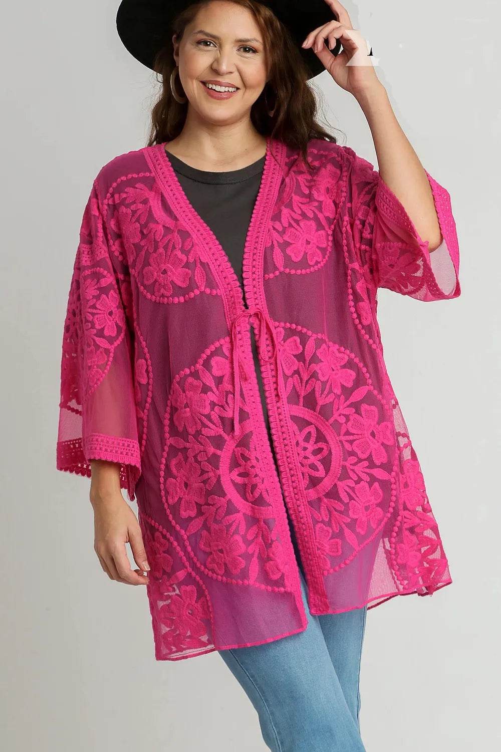 Umgee Full Size Floral Lace Open Front Kimono Sleevee Cover Up with Waist Tie Plus Size - Shop Style & More | Fresh Looks, Everyday Deals & Free Shipping