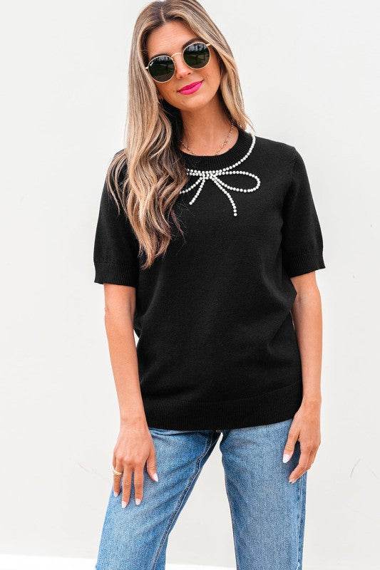 Bria Pearl Bow Short Sleeve Knitted Top - Shop Style & More | Fresh Looks, Everyday Deals & Free Shipping