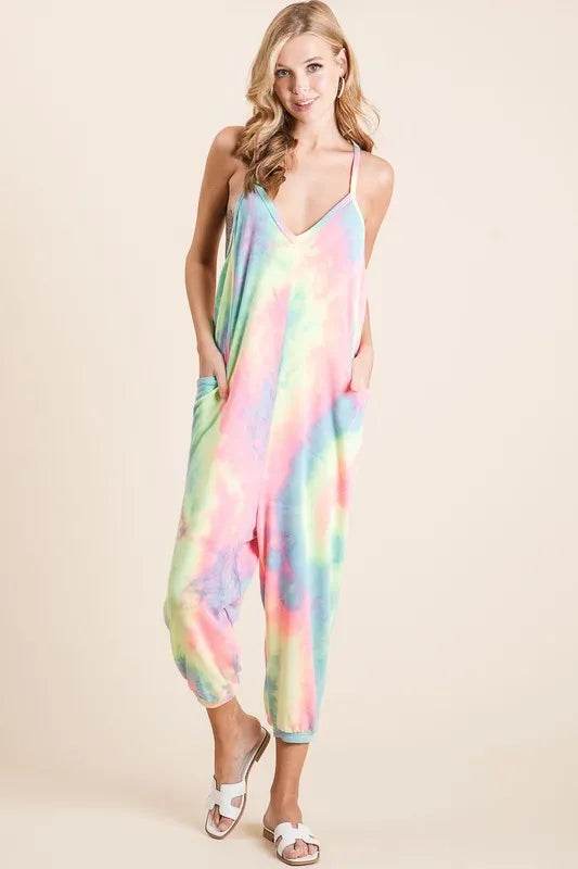 BiBi Tie Dye French Terry Mid-Length Casual Jumpsuit - Shop Style & More | Fresh Looks, Everyday Deals & Free Shipping