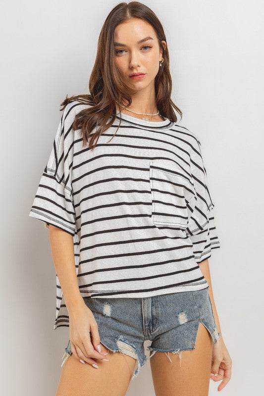 Ces Femme Side Slit Striped Round Neck Half Sleeve T-Shirt - Shop Style & More | Fresh Looks, Everyday Deals & Free Shipping