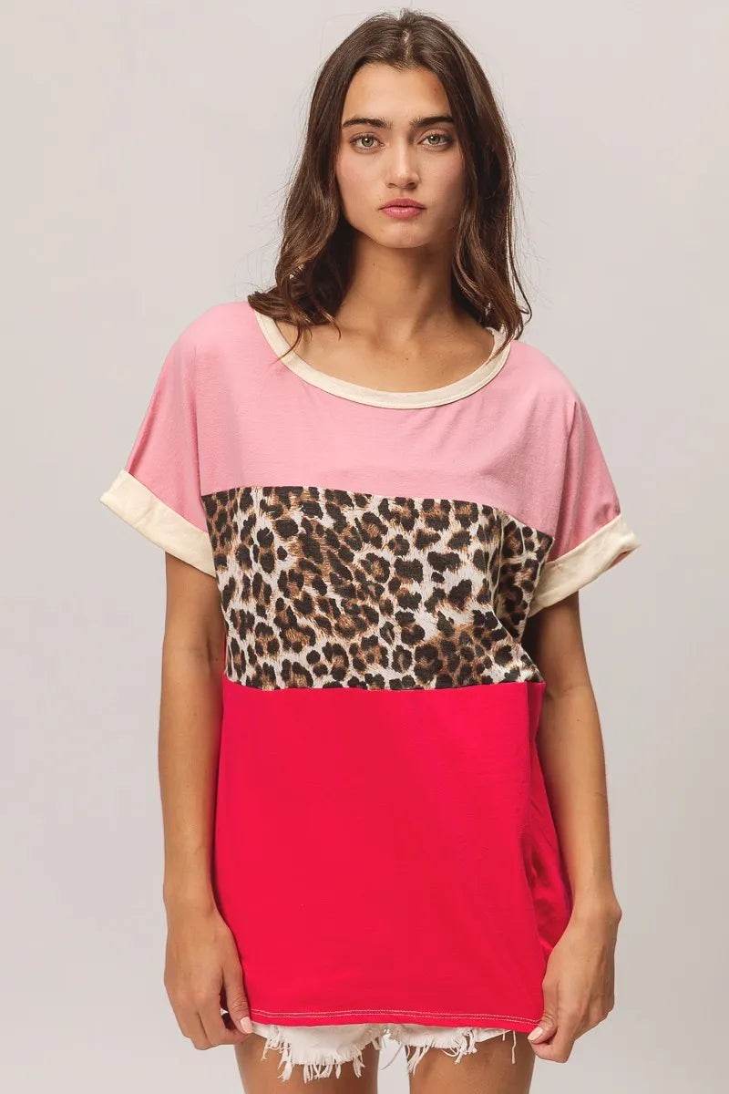 BiBi Leopard Printed Jersey Color Block Roll Up - Shop Style & More | Fresh Looks, Everyday Deals & Free Shipping