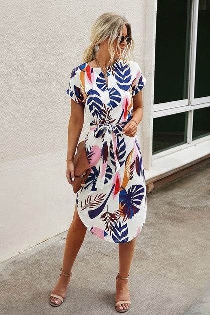 Notched Neck Floral Print Belted Fit Dress - Shop Style & More | Fresh Looks, Everyday Deals & Free Shipping
