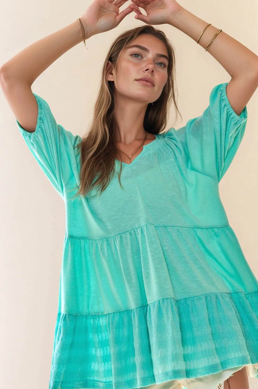 Davi & Dani Solid Ruffled Flared Short Sleeve V Neck Top - Shop Style & More | Fresh Looks, Everyday Deals & Free Shipping