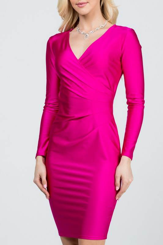 long sleeve shiny tricot overlap midi dress - Shop Style & More | Fresh Looks, Everyday Deals & Free Shipping