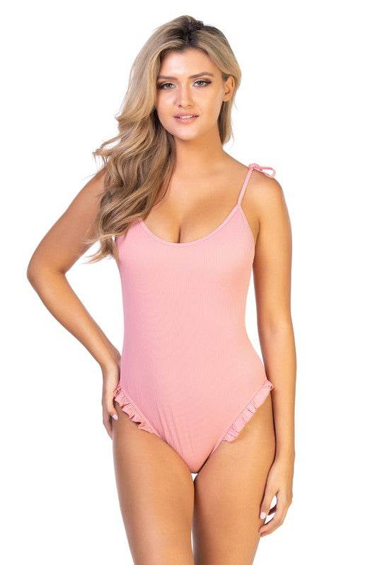 SOLID PINK FIBBED RUFFLE TRIM ONE PIECE SWIM - Shop Style & More | Fresh Looks, Everyday Deals & Free Shipping