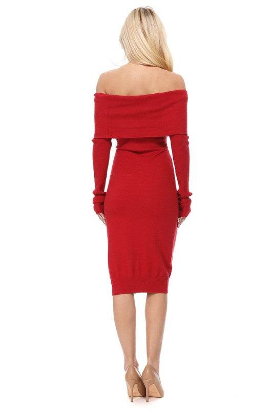 Off Shoulder Long Sleeve Slim Fit Midi Knit Dress - Shop Style & More | Fresh Looks, Everyday Deals & Free Shipping