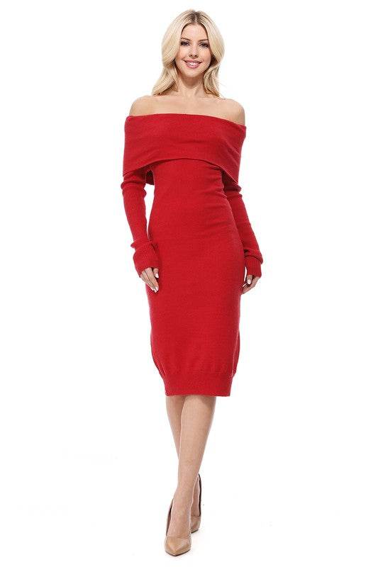 Off Shoulder Long Sleeve Slim Fit Midi Knit Dress - Shop Style & More | Fresh Looks, Everyday Deals & Free Shipping