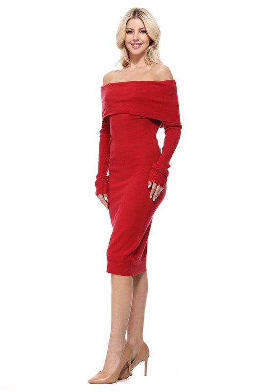 Off Shoulder Long Sleeve Slim Fit Midi Knit Dress - Shop Style & More | Fresh Looks, Everyday Deals & Free Shipping