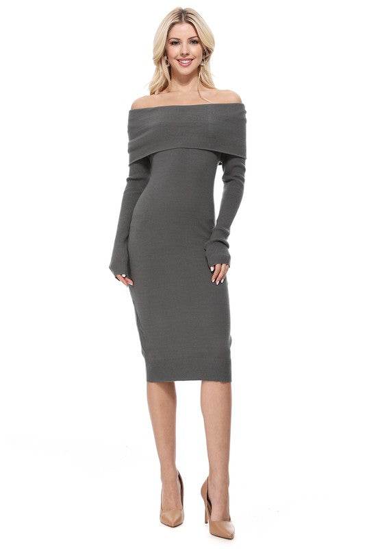 Off Shoulder Long Sleeve Slim Fit Midi Knit Dress - Shop Style & More | Fresh Looks, Everyday Deals & Free Shipping