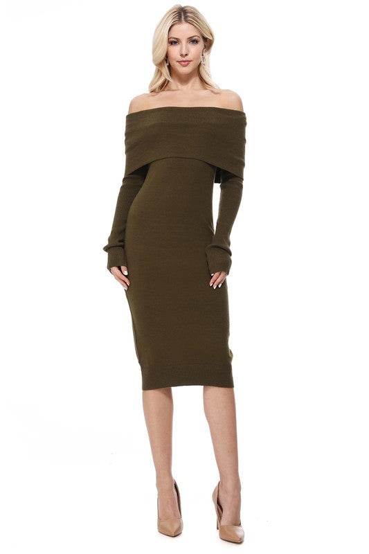 Off Shoulder Long Sleeve Slim Fit Midi Knit Dress - Shop Style & More | Fresh Looks, Everyday Deals & Free Shipping