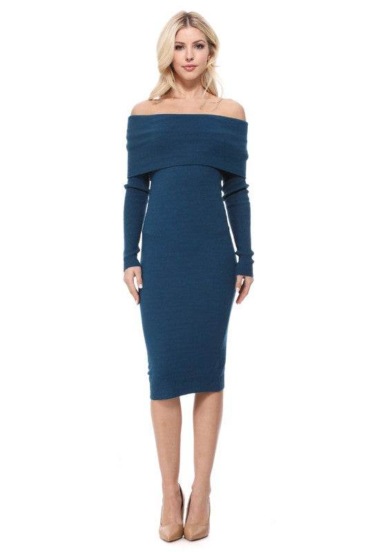 Off Shoulder Long Sleeve Slim Fit Midi Knit Dress - Shop Style & More | Fresh Looks, Everyday Deals & Free Shipping