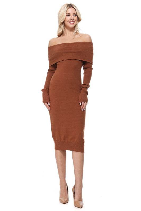 Off Shoulder Long Sleeve Slim Fit Midi Knit Dress - Shop Style & More | Fresh Looks, Everyday Deals & Free Shipping