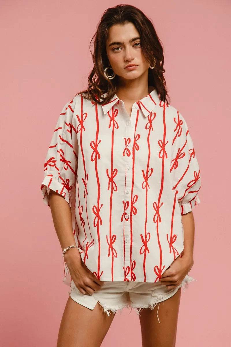 BiBi Bow Ribbon Woven Printed Button Down Shirt - Shop Style & More | Fresh Looks, Everyday Deals & Free Shipping
