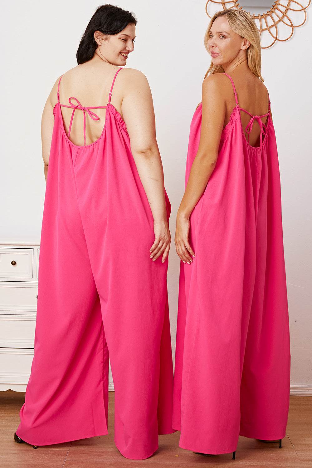 Double Take Full Size Ruffle Trim Tie Back Cami Jumpsuit with Pockets - Shop Style & More | Fresh Looks, Everyday Deals & Free Shipping