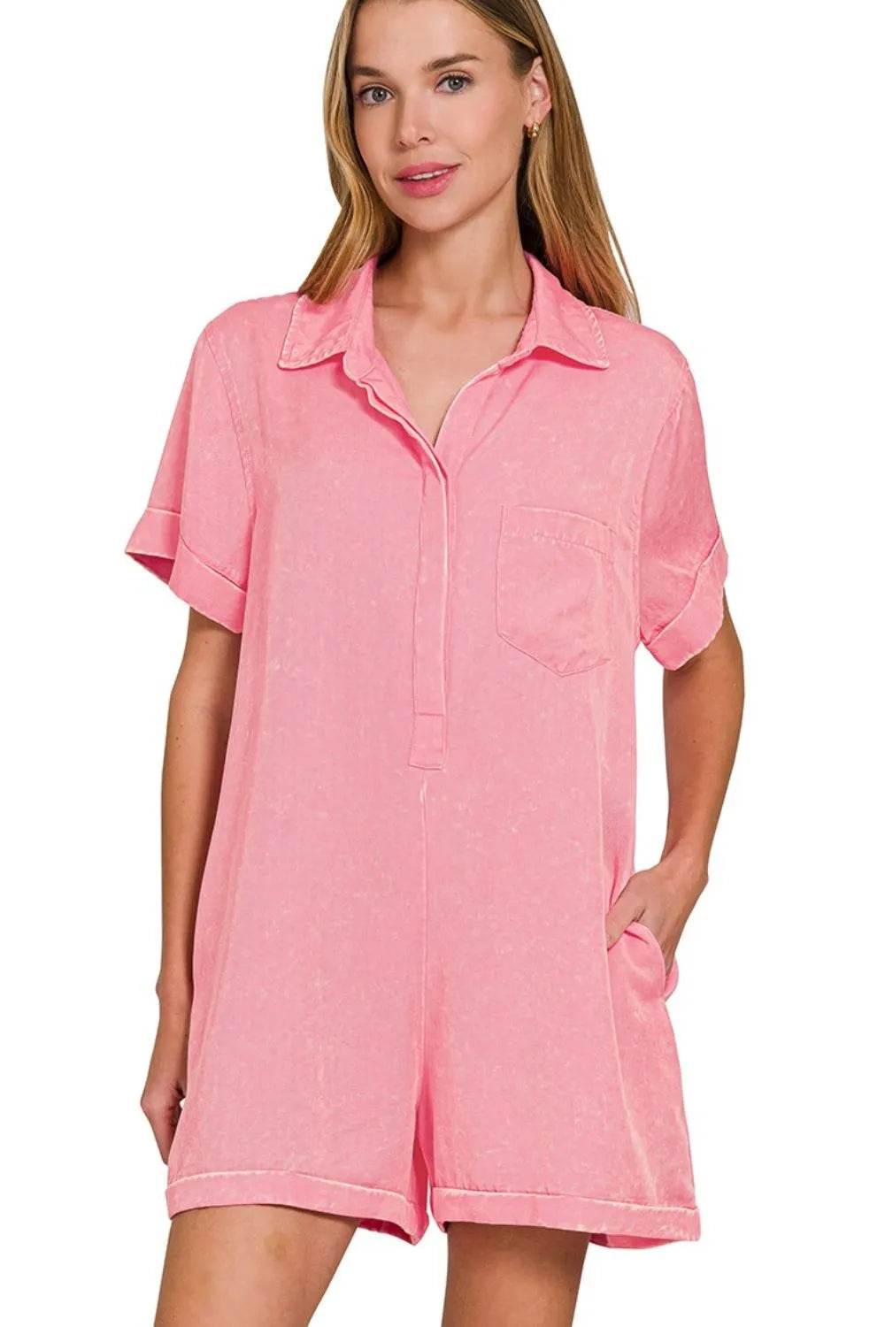 Zenana Tencel Mineral Washed Half Button Shirts Romper - Shop Style & More | Fresh Looks, Everyday Deals & Free Shipping