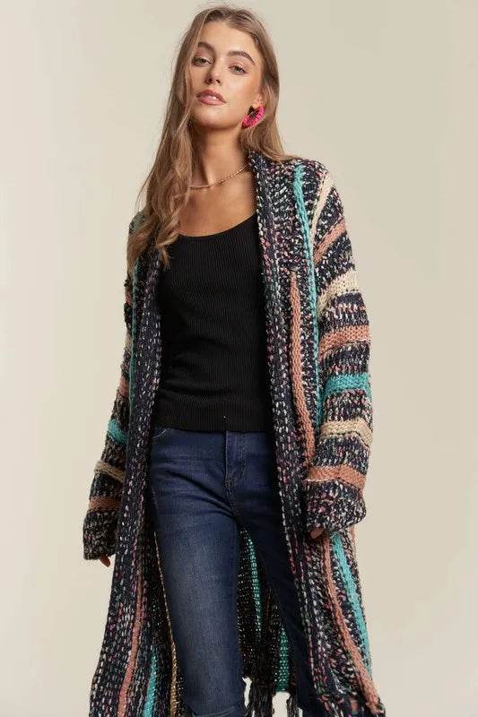 ADORA Multi Colour Sweater Long Cardigan with Fringes - Shop Style & More | Fresh Looks, Everyday Deals & Free Shipping