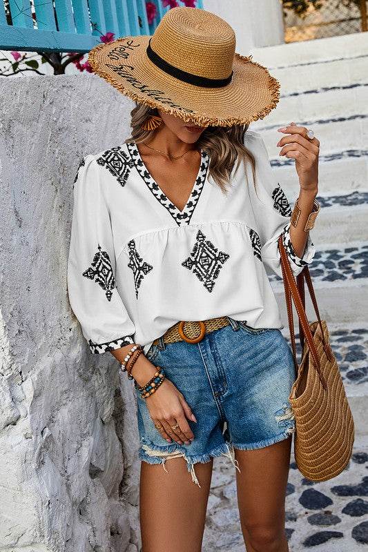 Printed T Shirt V Neck Loose Puff Sleeves Shirts - Shop Style & More | Fresh Looks, Everyday Deals & Free Shipping