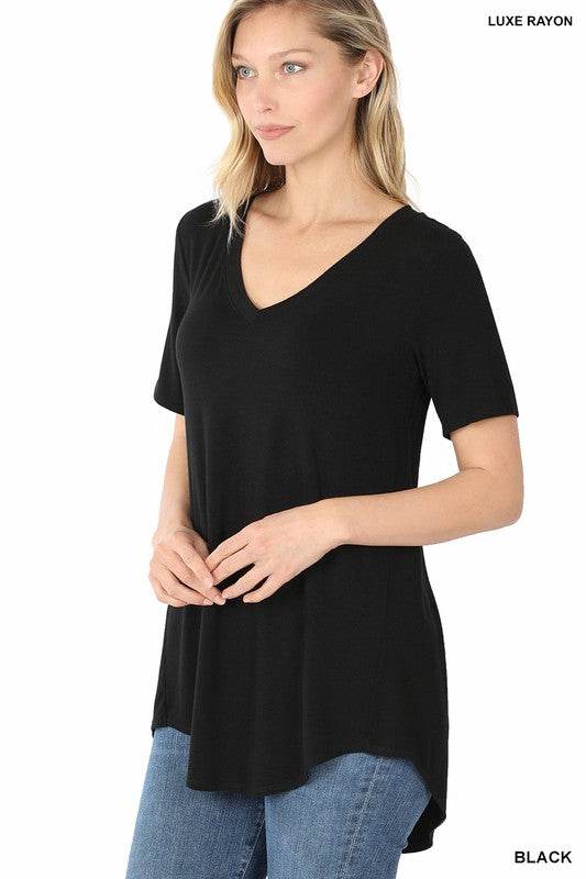 Luxe Rayon Short Sleeve V-Neck Hi-Low Hem Top - Shop Style & More | Fresh Looks, Everyday Deals & Free Shipping