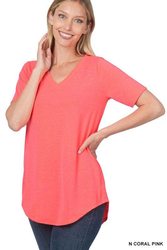 Luxe Rayon Short Sleeve V-Neck Hi-Low Hem Top - Shop Style & More | Fresh Looks, Everyday Deals & Free Shipping