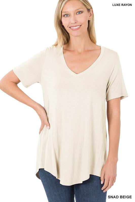 Luxe Rayon Short Sleeve V-Neck Hi-Low Hem Top - Shop Style & More | Fresh Looks, Everyday Deals & Free Shipping