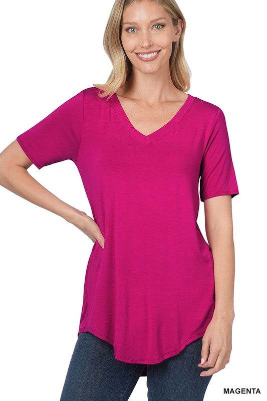 Luxe Rayon Short Sleeve V-Neck Hi-Low Hem Top - Shop Style & More | Fresh Looks, Everyday Deals & Free Shipping