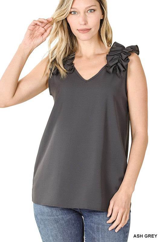Woven Wool Dobby Ruffle Trim Sleeveless Top - Shop Style & More | Fresh Looks, Everyday Deals & Free Shipping
