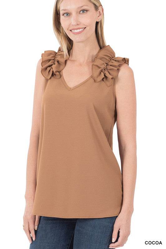 Woven Wool Dobby Ruffle Trim Sleeveless Top - Shop Style & More | Fresh Looks, Everyday Deals & Free Shipping