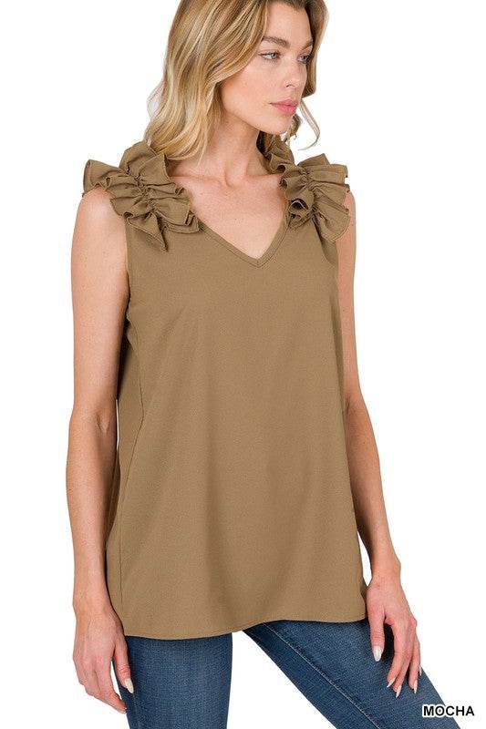 Woven Wool Dobby Ruffle Trim Sleeveless Top - Shop Style & More | Fresh Looks, Everyday Deals & Free Shipping