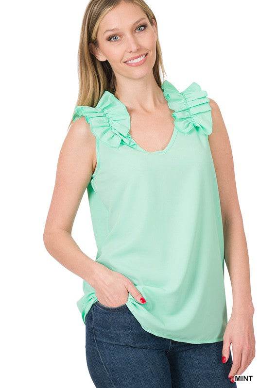 Woven Wool Dobby Ruffle Trim Sleeveless Top - Shop Style & More | Fresh Looks, Everyday Deals & Free Shipping