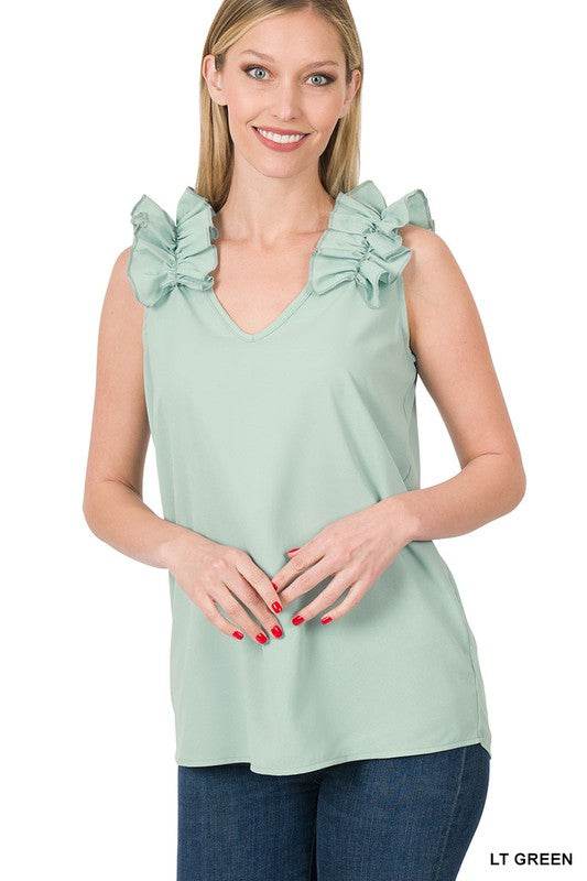 Woven Wool Dobby Ruffle Trim Sleeveless Top - Shop Style & More | Fresh Looks, Everyday Deals & Free Shipping