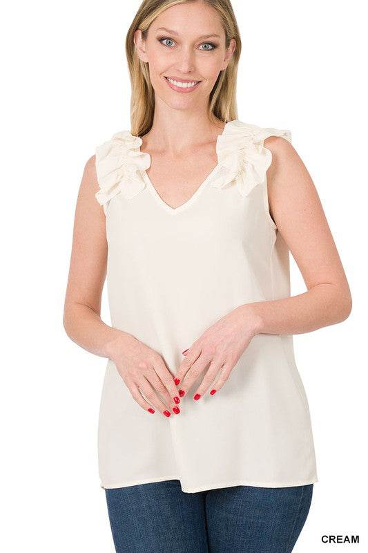 Woven Wool Dobby Ruffle Trim Sleeveless Top - Shop Style & More | Fresh Looks, Everyday Deals & Free Shipping