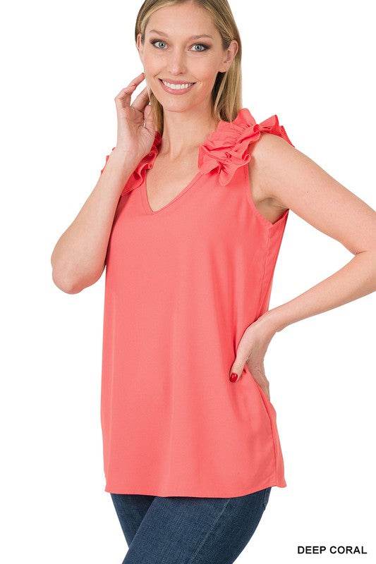 Woven Wool Dobby Ruffle Trim Sleeveless Top - Shop Style & More | Fresh Looks, Everyday Deals & Free Shipping