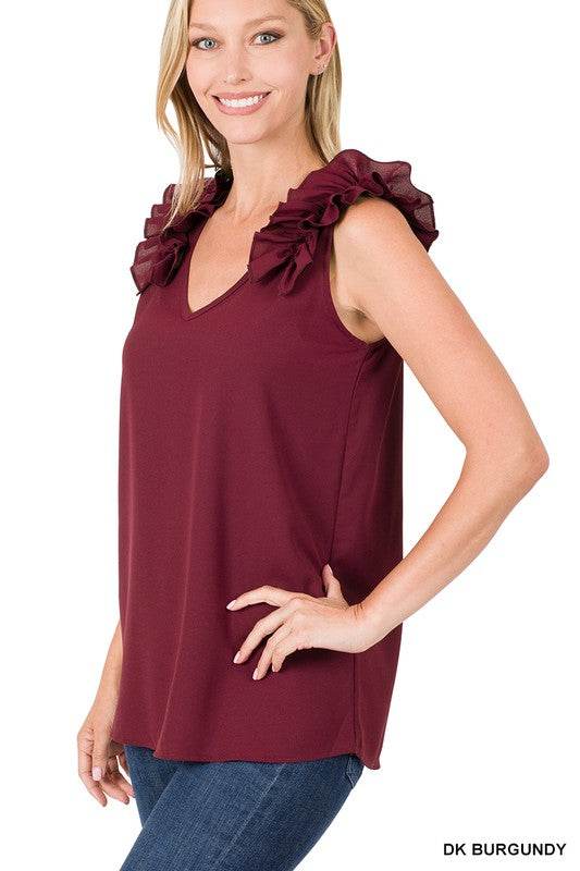 Woven Wool Dobby Ruffle Trim Sleeveless Top - Shop Style & More | Fresh Looks, Everyday Deals & Free Shipping