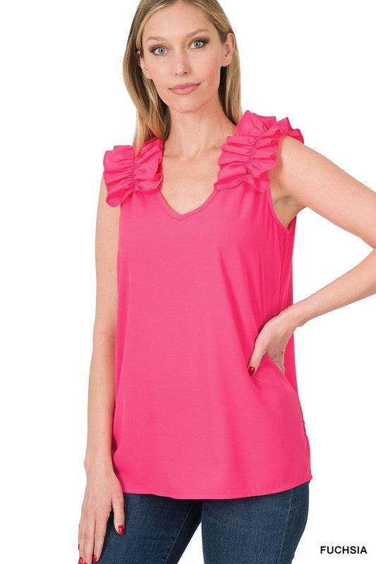 Woven Wool Dobby Ruffle Trim Sleeveless Top - Shop Style & More | Fresh Looks, Everyday Deals & Free Shipping