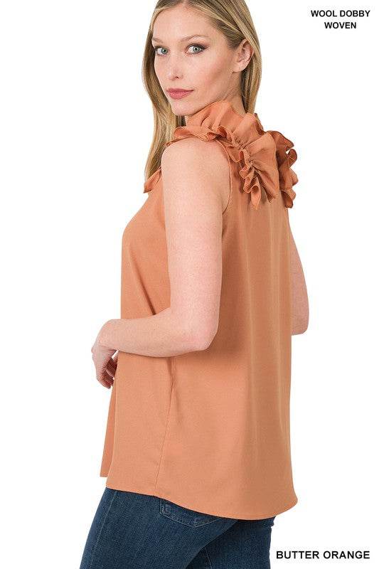 Woven Wool Dobby Ruffle Trim Sleeveless Top - Shop Style & More | Fresh Looks, Everyday Deals & Free Shipping