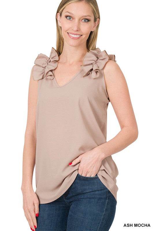 Woven Wool Dobby Ruffle Trim Sleeveless Top - Shop Style & More | Fresh Looks, Everyday Deals & Free Shipping