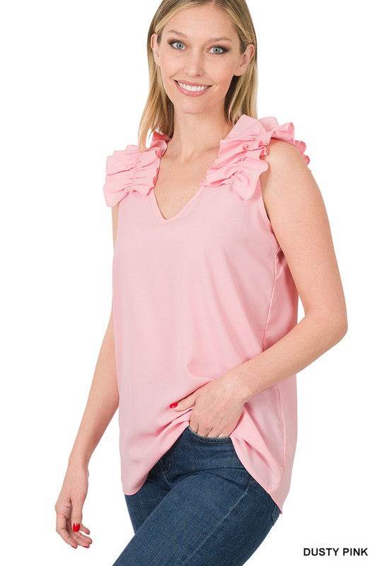Woven Wool Dobby Ruffle Trim Sleeveless Top - Shop Style & More | Fresh Looks, Everyday Deals & Free Shipping